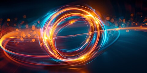 Abstract design pulsates with neon glowing light effects, casting an entrancing glow in the darkness, captivating the eye with its vibrant energy. Glass circles neon glowing light illustration