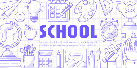 Banner with school supplies, vector minimalist design, checkered background. Globe, backpack with stationery, paper airplane, calculator, alarm clock, notebook and glasses, schedule, pencil in hand