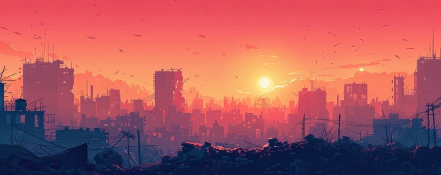 A post-apocalyptic city where survivors eke out a living amidst the ruins, scavenging for scraps in a world on the brink of collapse.   illustration.