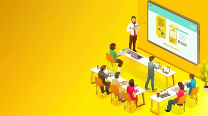 Training banner. A conference, seminar, and lecture for professional development. Modern landing page with team members in isometric poses in an office on a yellow background.