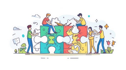 Teamwork collaboration landing page. Business people assembling puzzle pieces together. Cooperation or partnership, creative coworking colleagues working process. Modern line art banner for the web.