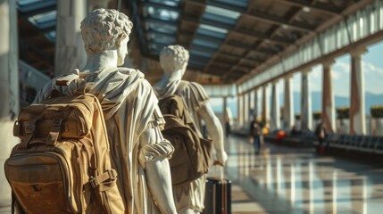 Fototapeta premium Old statues from ancient Greece and Rome are shown as if they're carrying luggage, like they're travelers at the airport