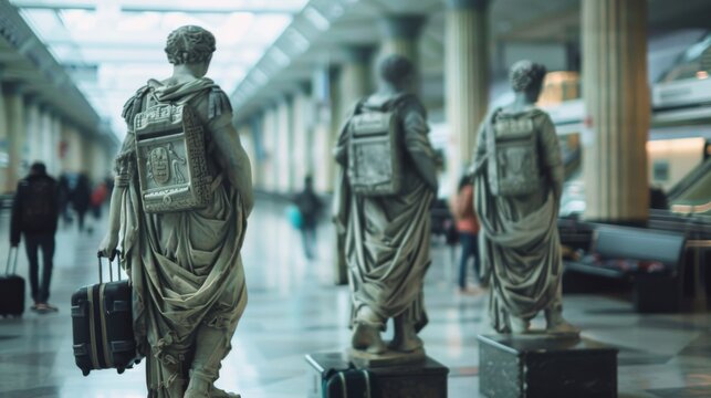 Old statues from ancient Greece and Rome are shown as if they're carrying luggage, like they're travelers at the airport