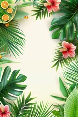 A vertical painting depicting a light background, decorated along the contour with flowers and leaves. Frame with copy space in the middle.