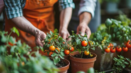 Fototapeta premium Close-up of Seniors Hands Planting small tomatos, taking care of home plants and herbs. Generative ai