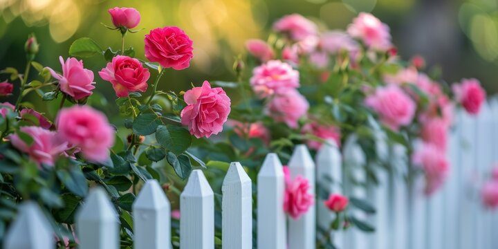 Wild pink roses growing on a white picket fence with flower garden showing through illustration
