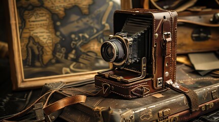 This image is of a vintage camera. It has a brown leather body and a black lens. The camera is...