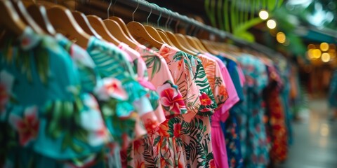 Obraz premium fashion women's summer clothing , pink green tropical fabric beach casual dresses hanging in a row on a in shopping center,season moda illustration