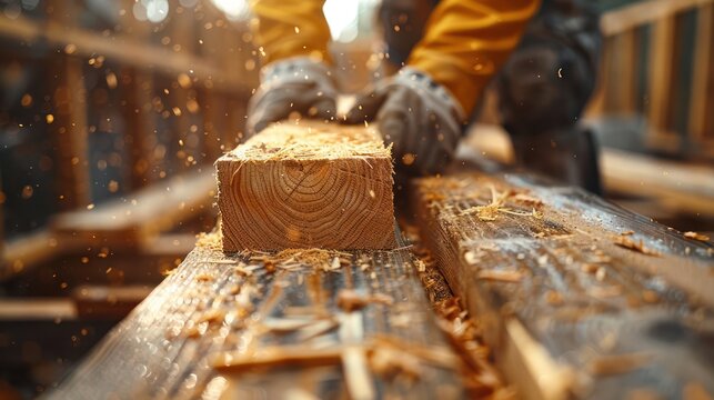 Close-up of a builder fixing wooden beams and pegs. Emphasis on detailed work in the construction of the house structure.