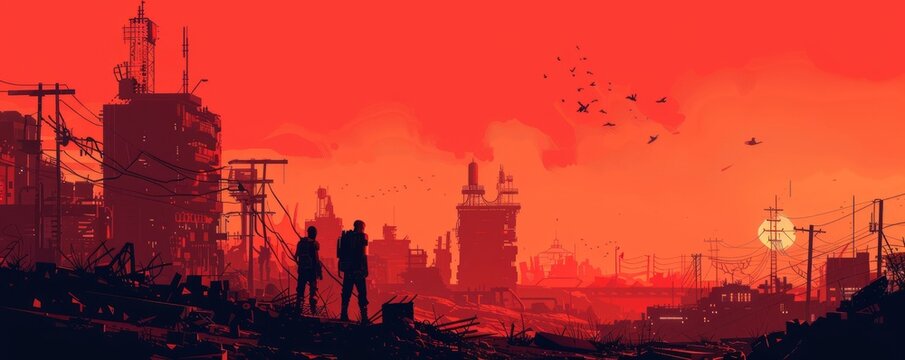 A cybernetic wasteland where the remnants of humanity struggle to survive amidst the ruins of their once-proud civilization, battling against machines and mutants alike.   illustration.