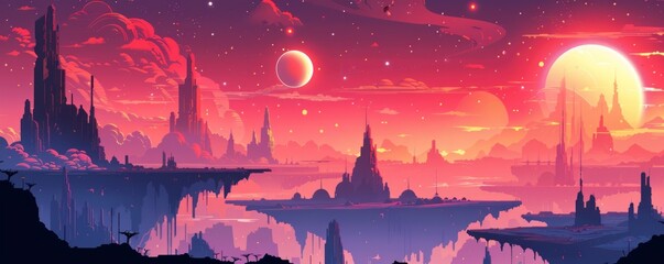 An alien landscape of towering spires and floating platforms, where strange creatures and alien flora thrive in the harsh environment.   illustration.