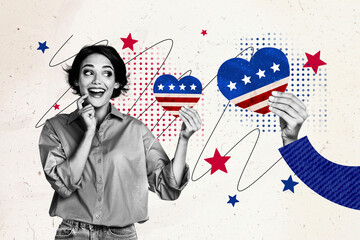 Creative photo artwork collage of excited lady celebrating 4th july rising american heart flag...