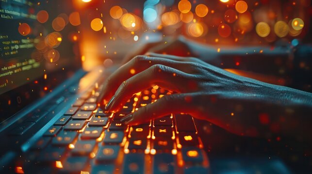 Close-up of hands typing on keyboard with online course platform on screen. Demonstrate the accessibility of e-learning.