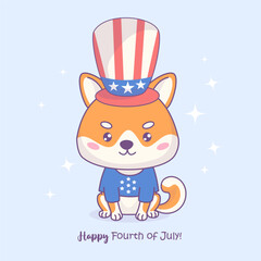 Cute patriotic dog Shiba Inu wearing party hat and t-shirt in colors of American flag. Funny holiday cartoon kawaii character. Postcard American Independence Day. Vector illustration