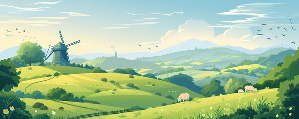 A serene countryside scene with rolling hills, grazing sheep, and a rustic windmill.   illustration.