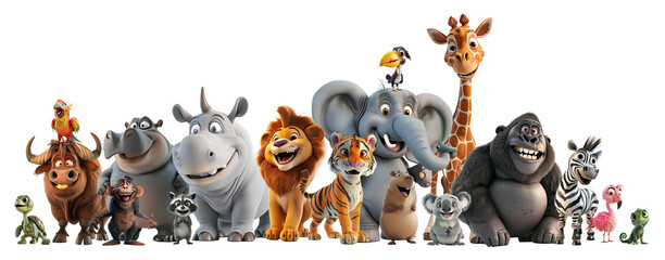 Group of 3D cute happy cartoon Wild Animals safari concept, isolated on white background, png