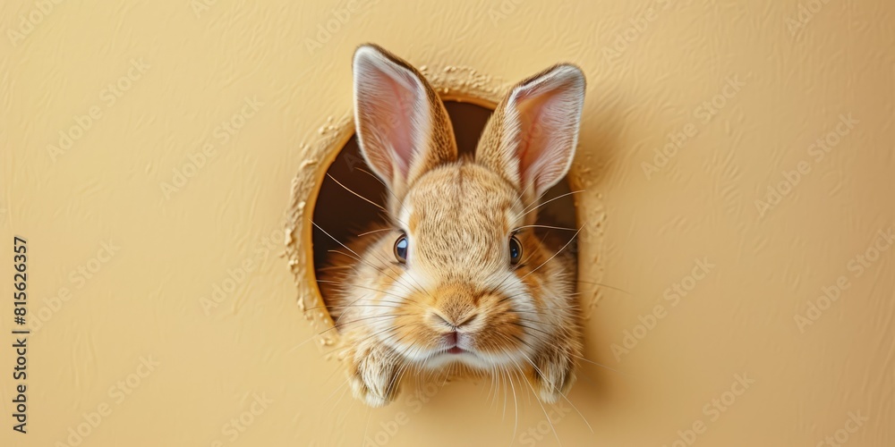 Wall mural Easter bunny peeking out of a hole on cream color background. illustration - Wall murals