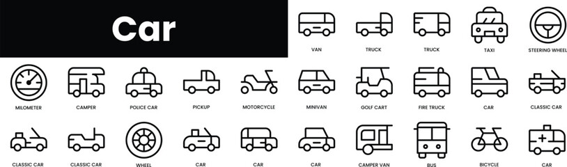 Set of outline car icons. Minimalist thin linear web icon set. vector illustration.