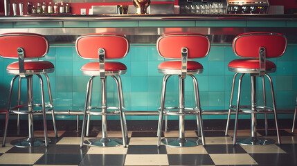 Retro vintage and stools with interior in a diner restaurant or cafeteria with funky decor Trendy old school and chairs by a counter or bar in groovy vibrant and stylish old fashioned  : Generative AI