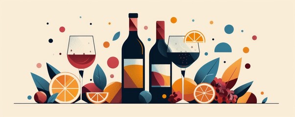 Abstract modern poster of wine bottle, glass. Cocktail, alcohol beverage. Wine tasting concept. Invitation template for an event, festival.   illustration