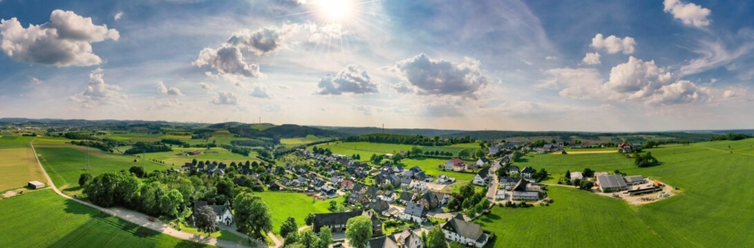 Aerial panorama of the district of Wuelfte near Brilon in the Sauerland.