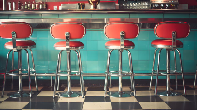Retro vintage and stools with interior in a diner restaurant or cafeteria with funky decor Trendy old school and chairs by a counter or bar in groovy vibrant and stylish old fashioned  : Generative AI