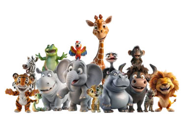 Group of 3D cute happy cartoon Wild Animals safari concept, isolated on white background, png
