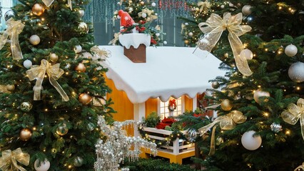 Festive holiday display featuring a variety of colorful ornaments and decorations