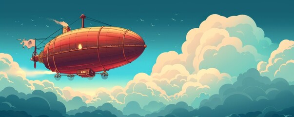 A steampunk airship soaring through the clouds, its billowing sails and brass fittings a marvel of Victorian-era engineering.   illustration.