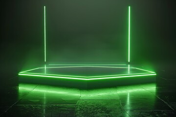 3D rendering of a green glowing neon light Podium on a black background with a floor reflection