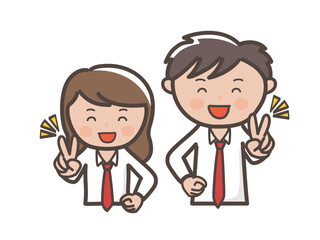 満面の笑顔でピースをする制服姿のかわいい男女高校生カップルの上半身イラスト