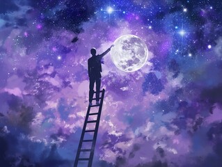 A silhouette of a person on a ladder touching the full moon against a vibrant cosmic sky.
