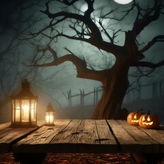 halloween night scene with pumpkins.an artistic 3D render of an old wood table and a silhouette of a dead tree at night, creating a Halloween background. Highlight the mysterious and eerie mood with f