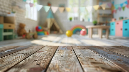 Empty wooden table mockup on blurred child room or kindergarten interior background
