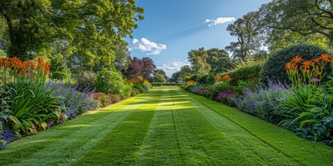 English style garden with scenic view of freshly mowed lawn flower bed and leafy trees illustration