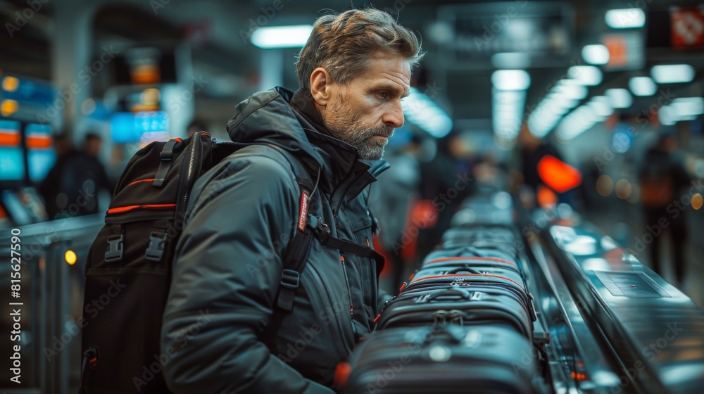 Wall mural Showcase the meticulous examination of camera gear by security personnel as the backpack moves through the X-ray scanner, ensuring compliance