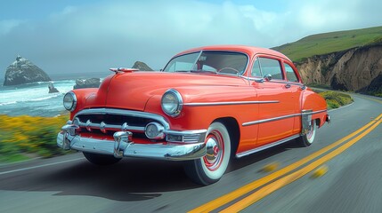 Fototapeta premium Showcase the elegance of vintage transportation with images of a fast-moving classic car speeding down a winding coastal road, its