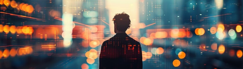 Fototapeta premium Silhouette of a person with a cityscape and stock market lines overlaid