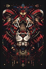 Fototapeta premium Vibrant African Tribal Tattoo Design with Symbolic Adinkra Patterns and Iconic Wildlife