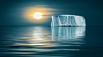 Render a scene of a massive tabular iceberg, resembling a floating cityscape with towering cliffs and deep crevasses.