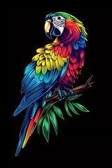 Obraz premium Vibrant and Intelligent Parrot Perched on a Branch Against a Solid Black Background in Synthwave Inspired