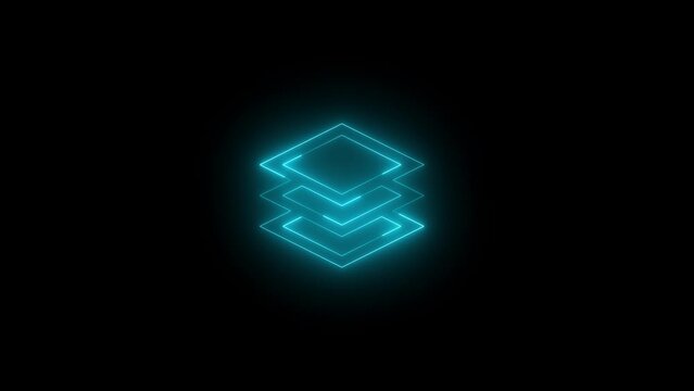 Neon glowing cyan color map layers icon on black background animation