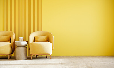 Two armchairs with empty yellow wall background. Modern home interior design. 3D Rendering, 3D Illustration