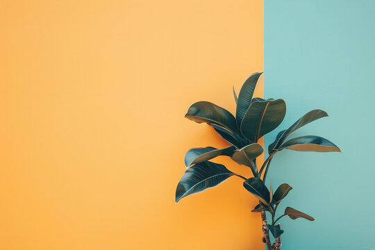 Rubber plant on a split background of yellow and blue with a minimalistic style