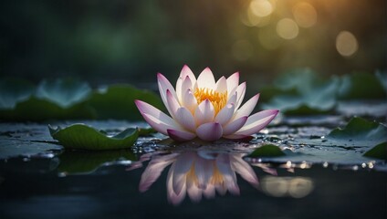 Serene single lotus flower floating on calm water at sunset