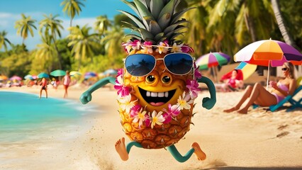 a pineapple with a happy face is running on the beach, with a summer vibes