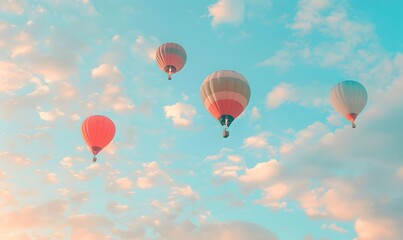 Obraz premium air balloons in pastel colors floating in a cloudy sky, Generative AI