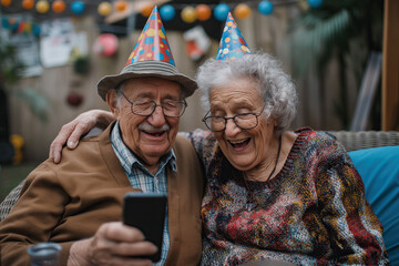 Elderly, couple and happy with video call at birthday party for celebration, laughing and memories in garden. Senior, man and woman with smartphone for photography, gathering and event in backyard 