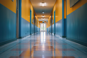 Empty school hallway in blue and yellow colours
