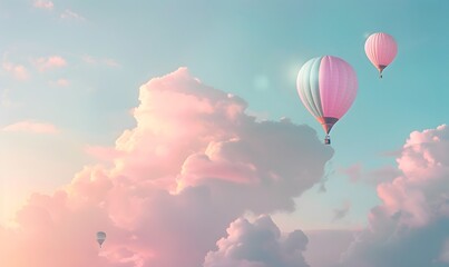 Obraz premium air balloons in pastel colors floating in a cloudy sky, Generative AI